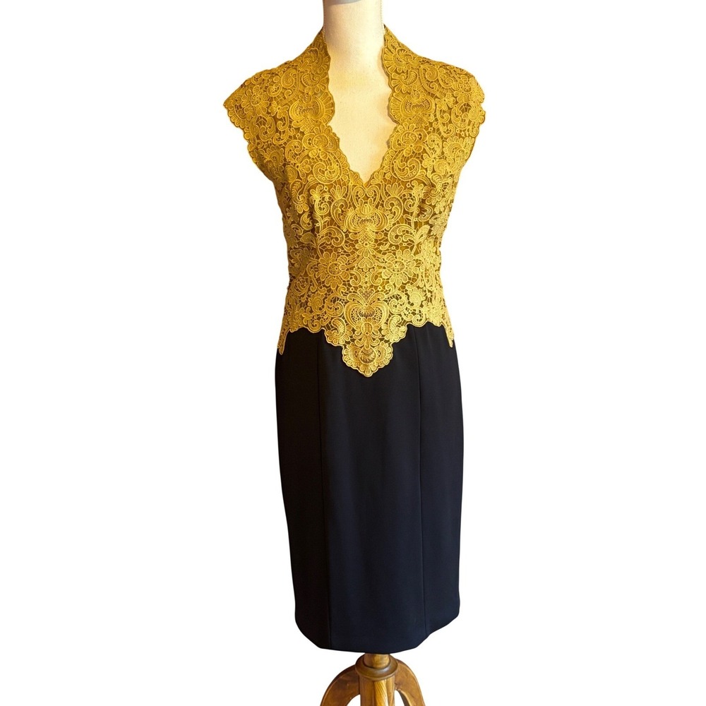 Vintage Karen Millen Gold Lace Black Pencil Cocktail Dress Open Back Sheath, 8